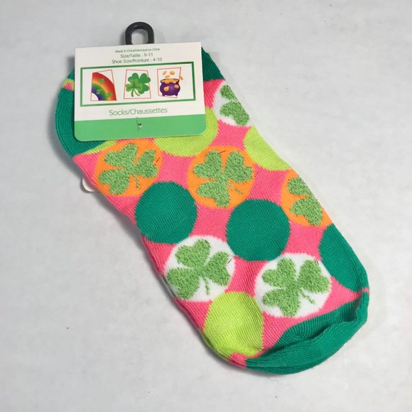 Shamrock Socks St Patricks Day Celtic Pink Green Clover 2 Pairs Lot Shamrocks - Picture 3 of 5